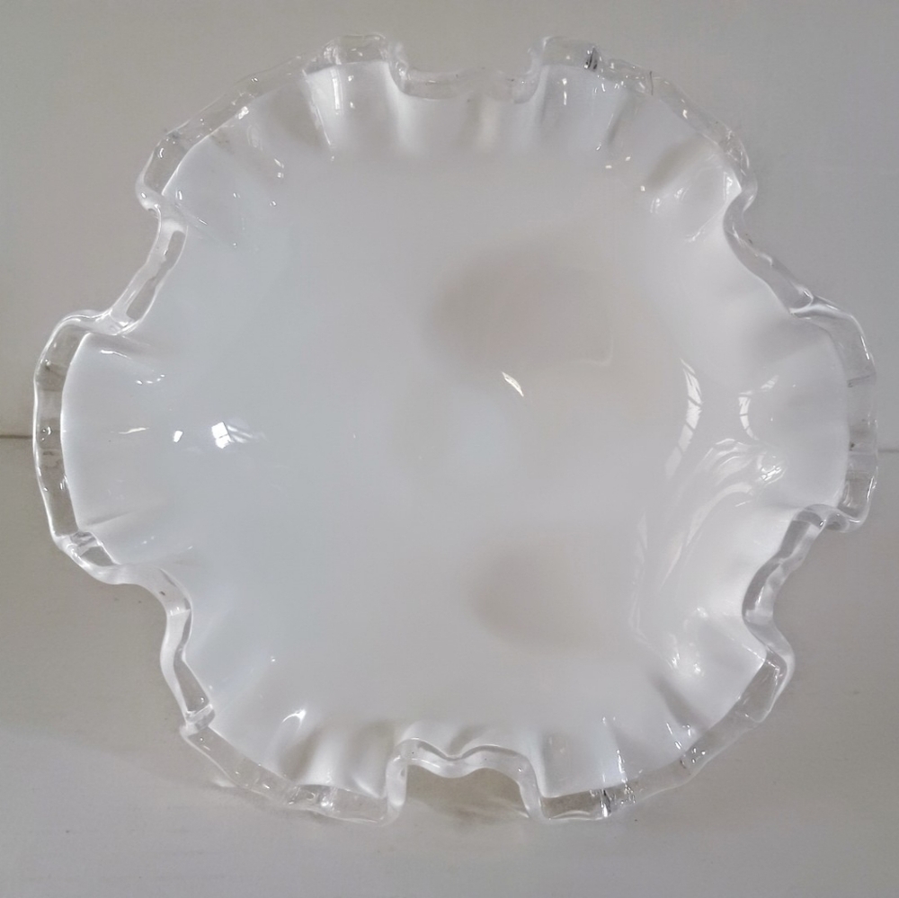 Fenton "Silver Crest" Milk Glass Ruffle Scalloped Footed Bowl - Picture 2 of 3